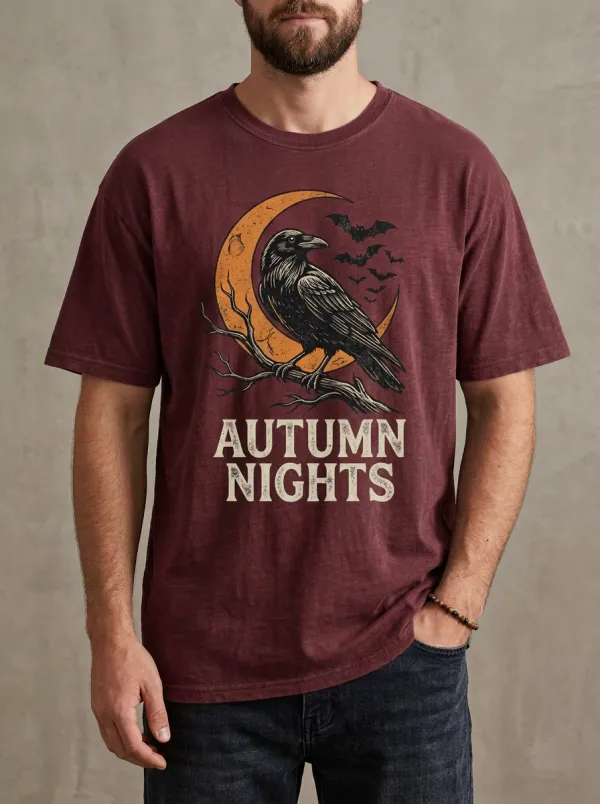 Men's Halloween Autumn Nights Raven Moon Bats Printed T-shirt