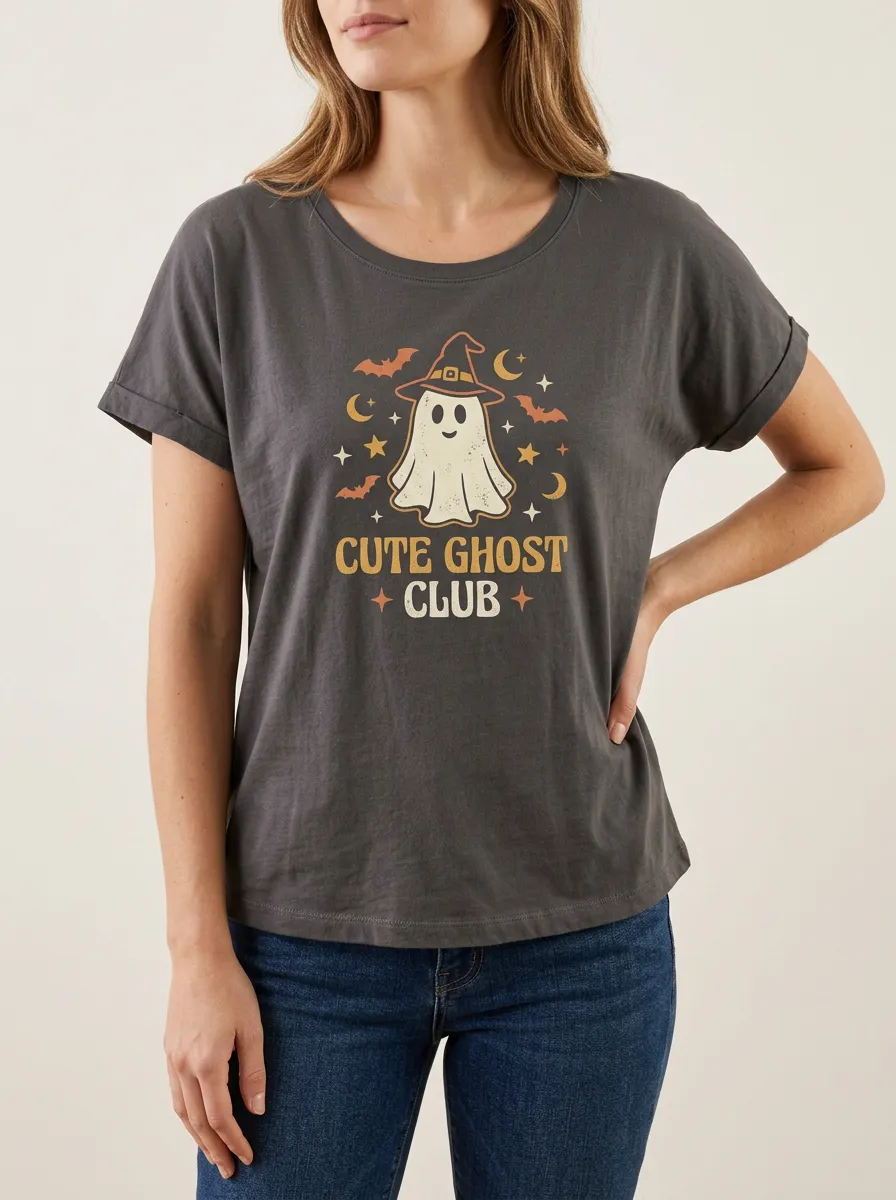 Women's Halloween Cute Ghost Club Witch Hat Printed T-shirt
