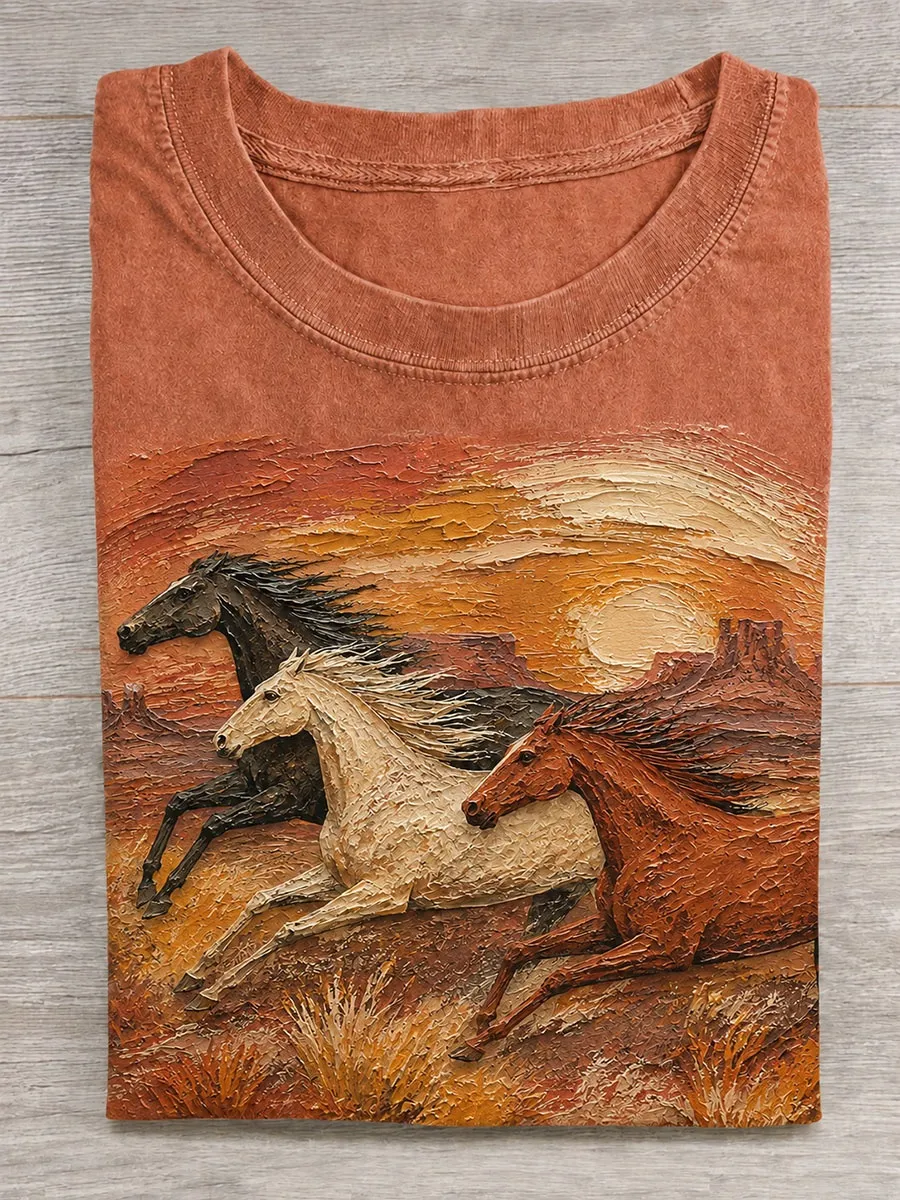 Vintage Wild Horse Pattern Casual T-Shirt