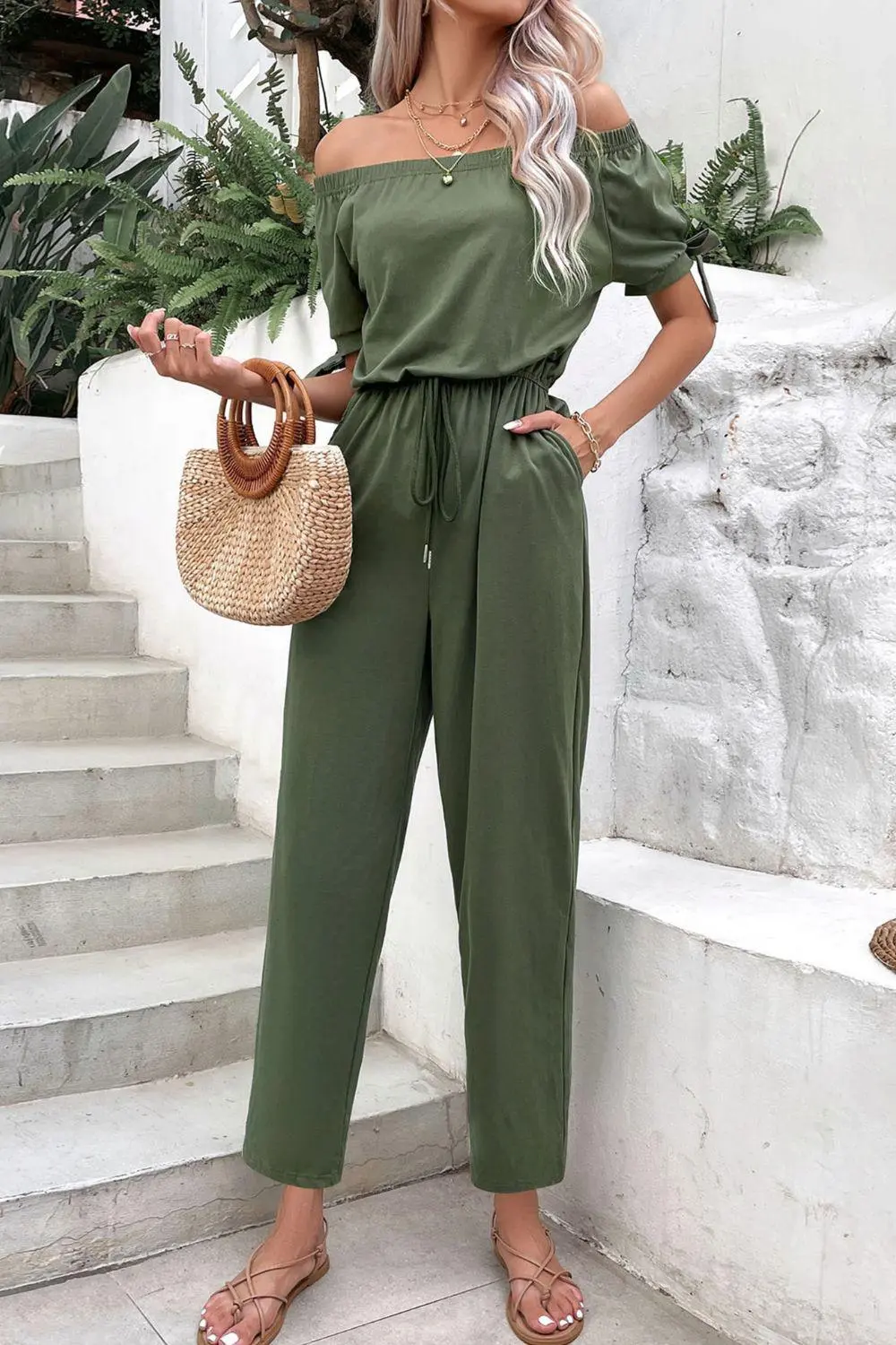Shoulder Tie Cuff Pockets Jumpsuit