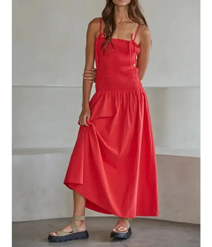 Red Cotton Blend Maxi Dress