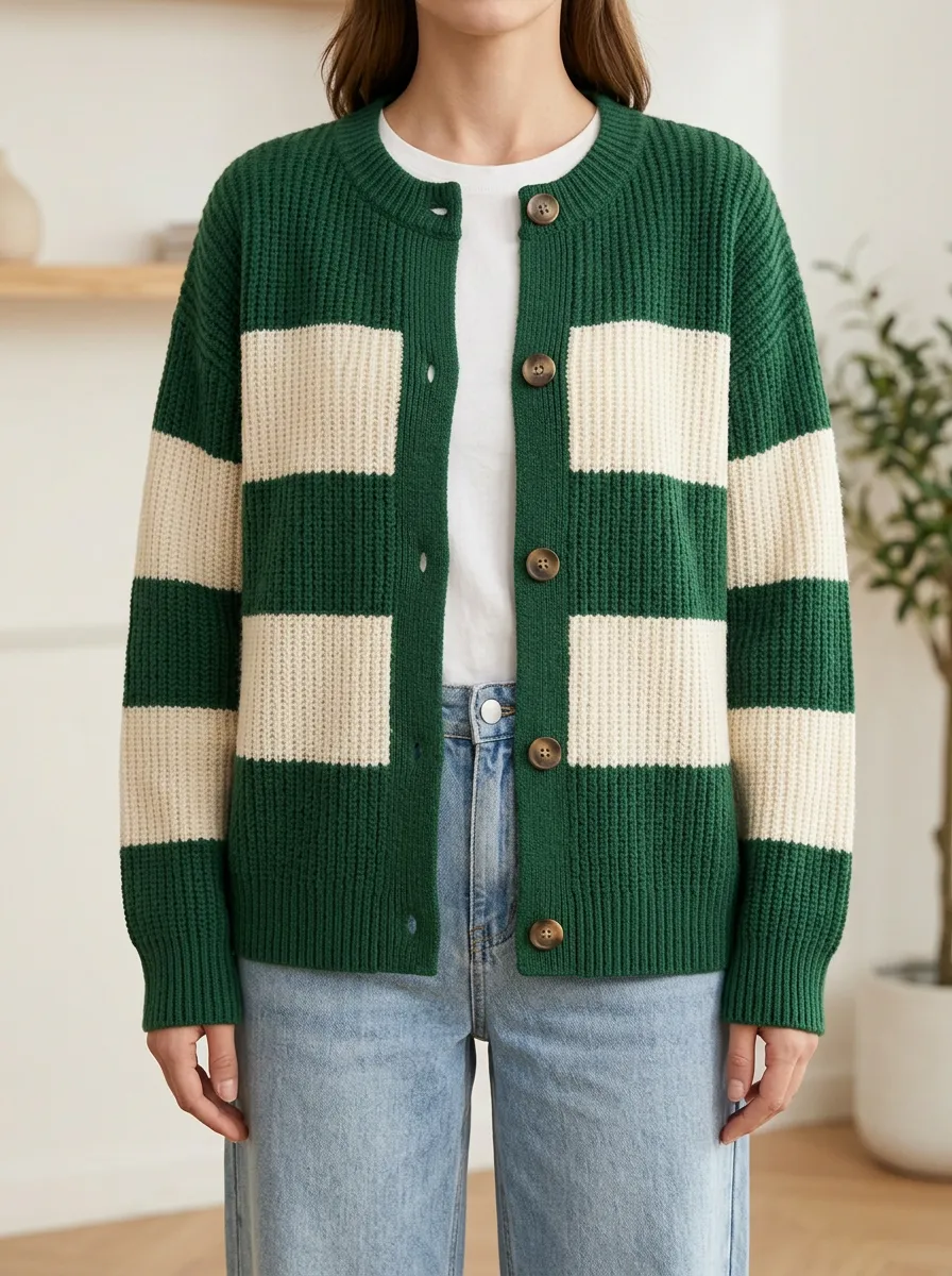 Relaxed Knit Distinctive Rugby Striped Knit Cardigan