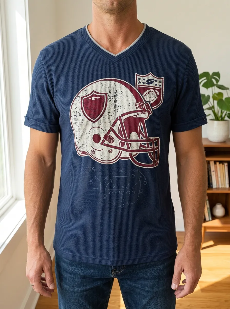 Men's American Football Helmet Playbook Printed Waffle V-Neck Top
