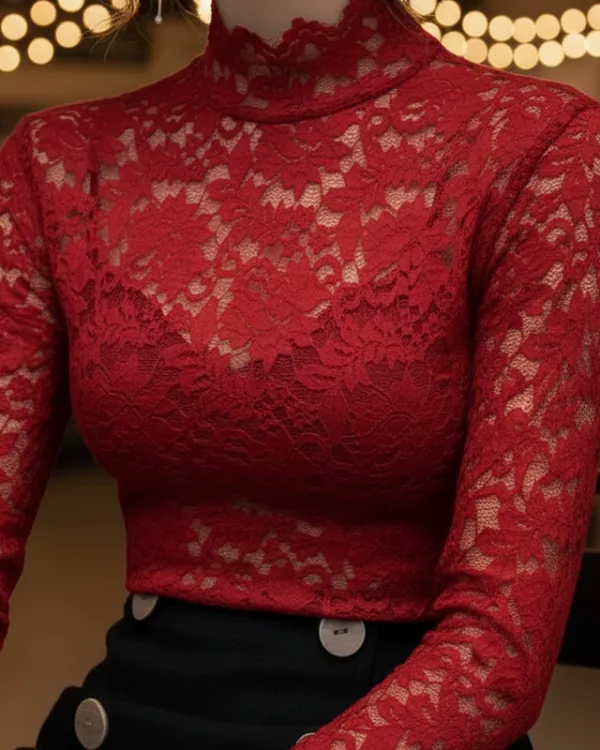 Spring Lace High-Neck Blouse