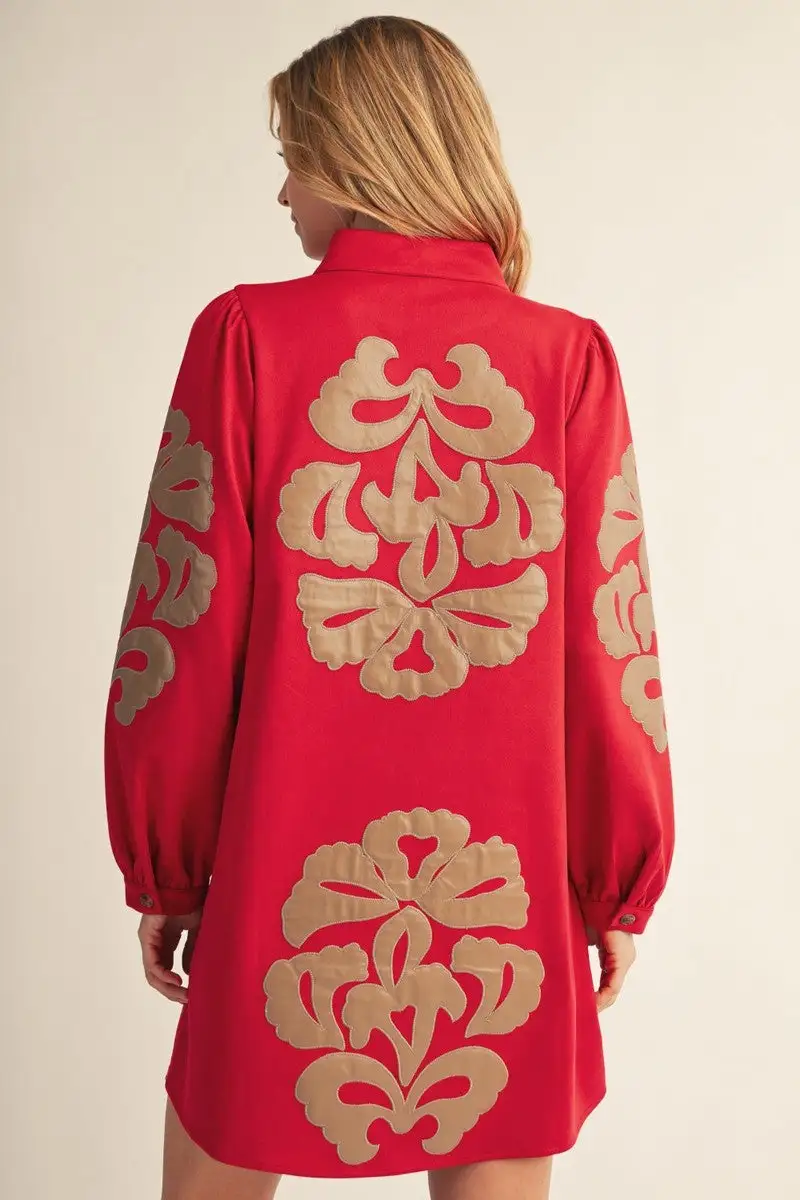 Classic Embroidered Faux Suede Suede Long Sleeve Dress