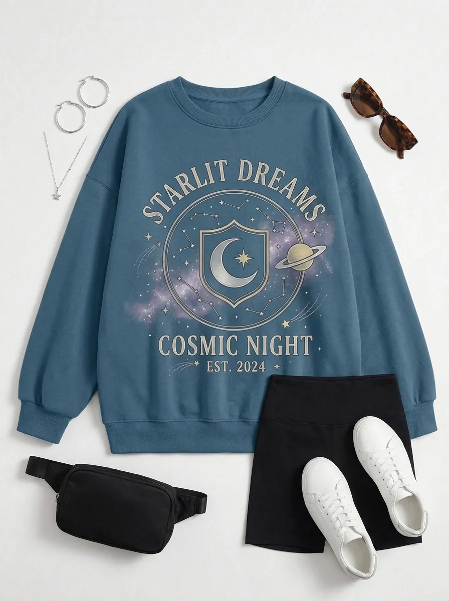 Women's Starlit Dreams Cosmic Night Moon Planet Printed T-shirt