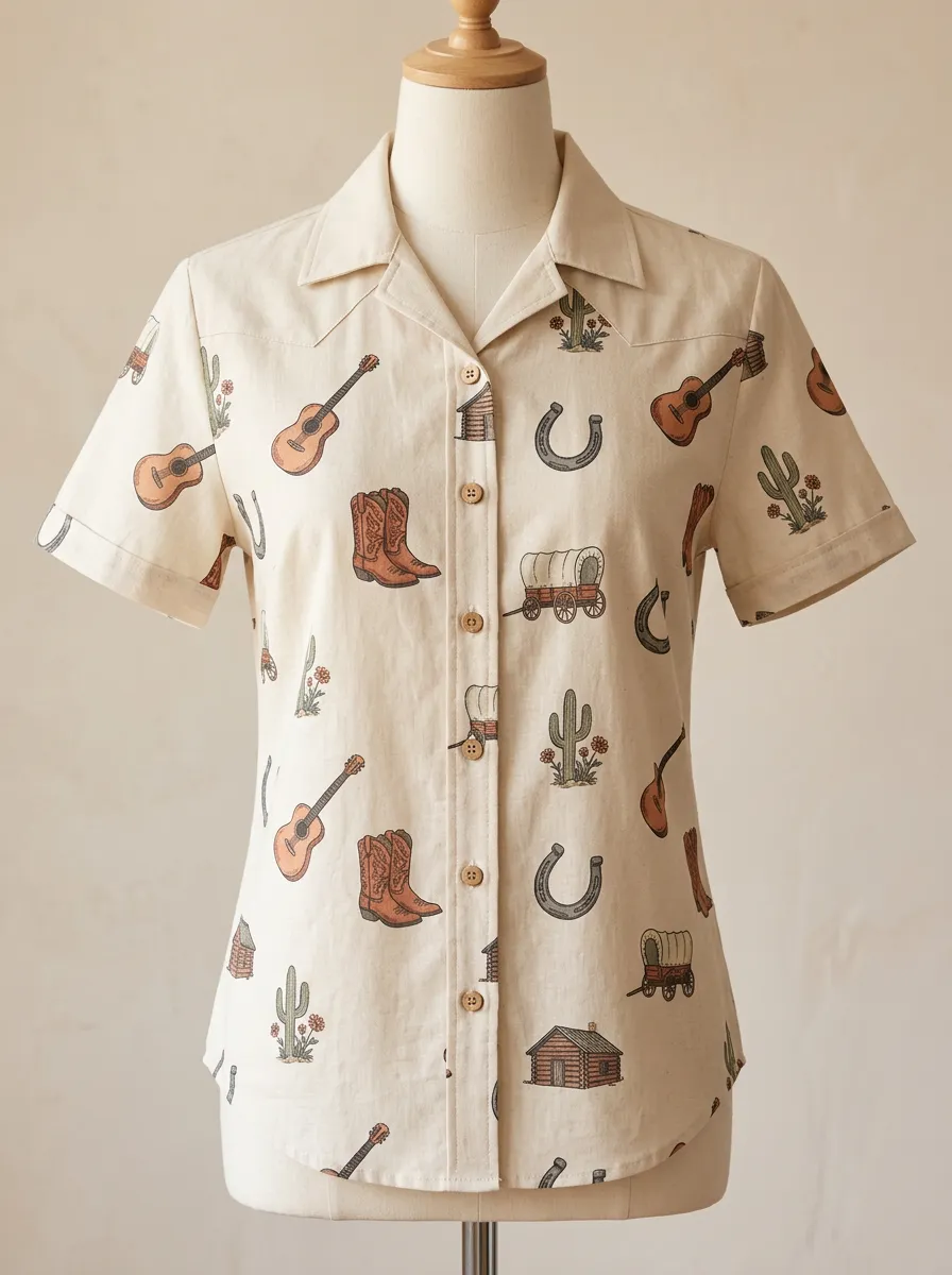 Women's Western Cowboy Guitar Cactus Printed Short Sleeve Shirt