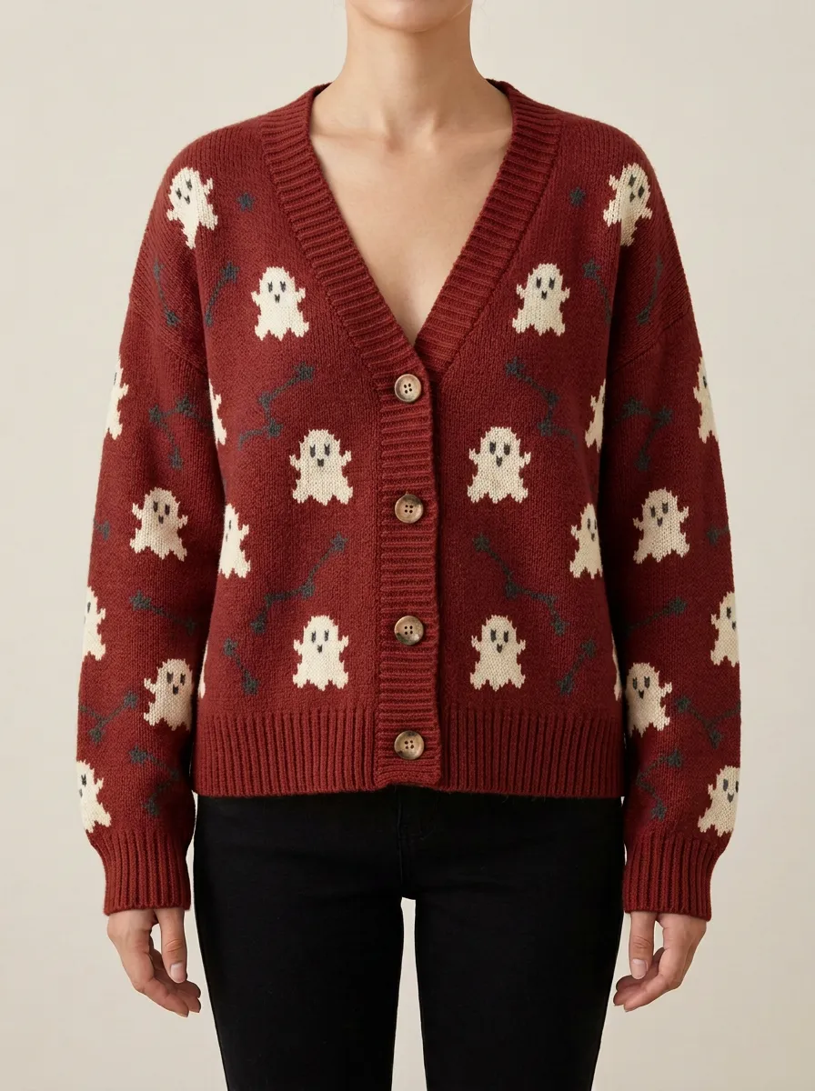 Women's Halloween Ghost Pattern Knitted Cardigan Sweater