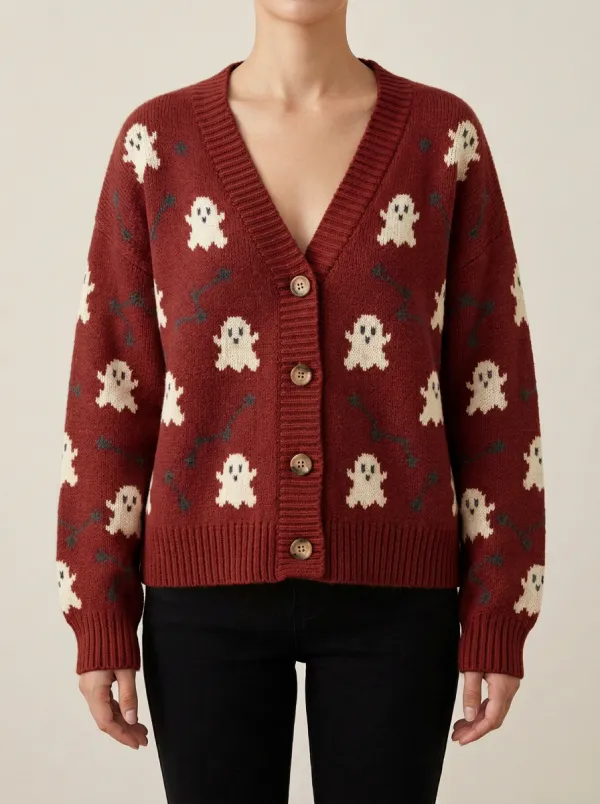 Women's Halloween Ghost Pattern Knitted Cardigan Sweater