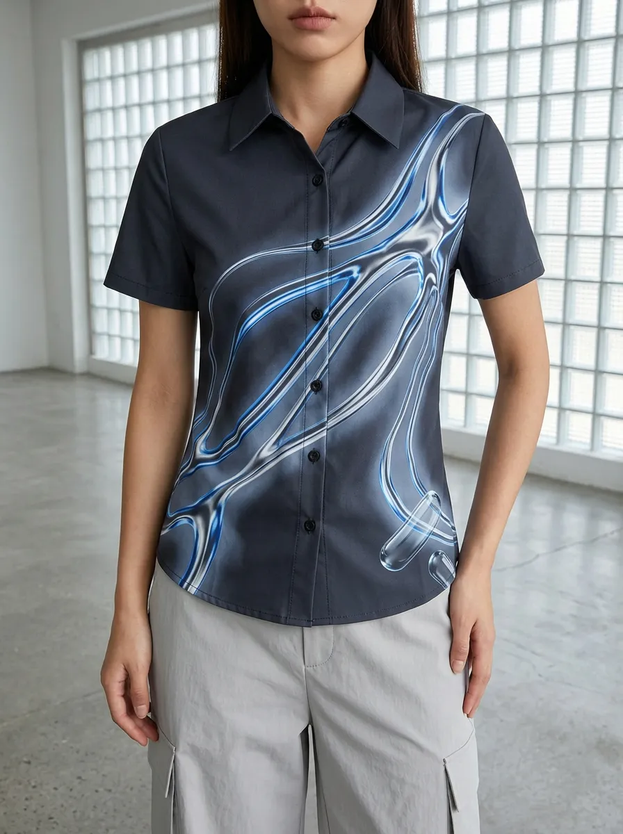 Women's Y2K Aesthetic Liquid Metal Printed Shirt