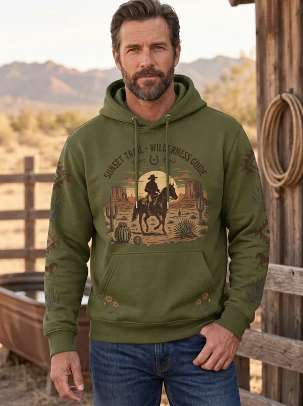 Men's Western Cowboy Sunset Sun Graphic Hoodie