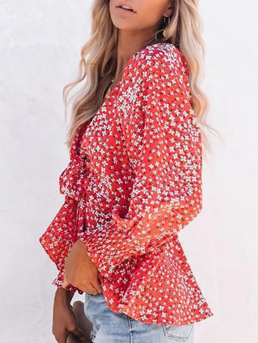 Floral Print V Neck Tie Waist Blouse