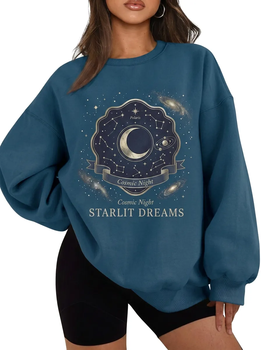 Women's Astronomy Lover Starlit Dreams Moon Constellation Printed T-shirt