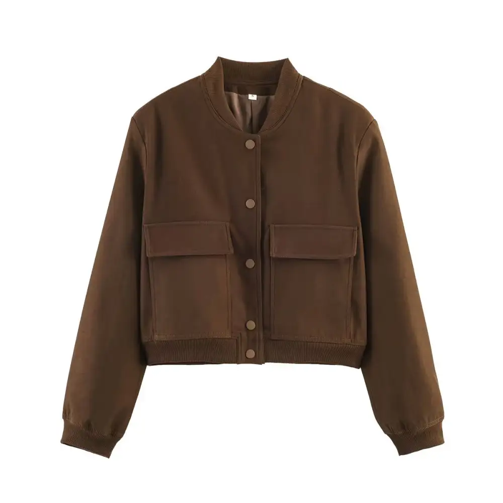 Cropped Snap Front Patch Pocket Ribbed Trim Bomber Jacket