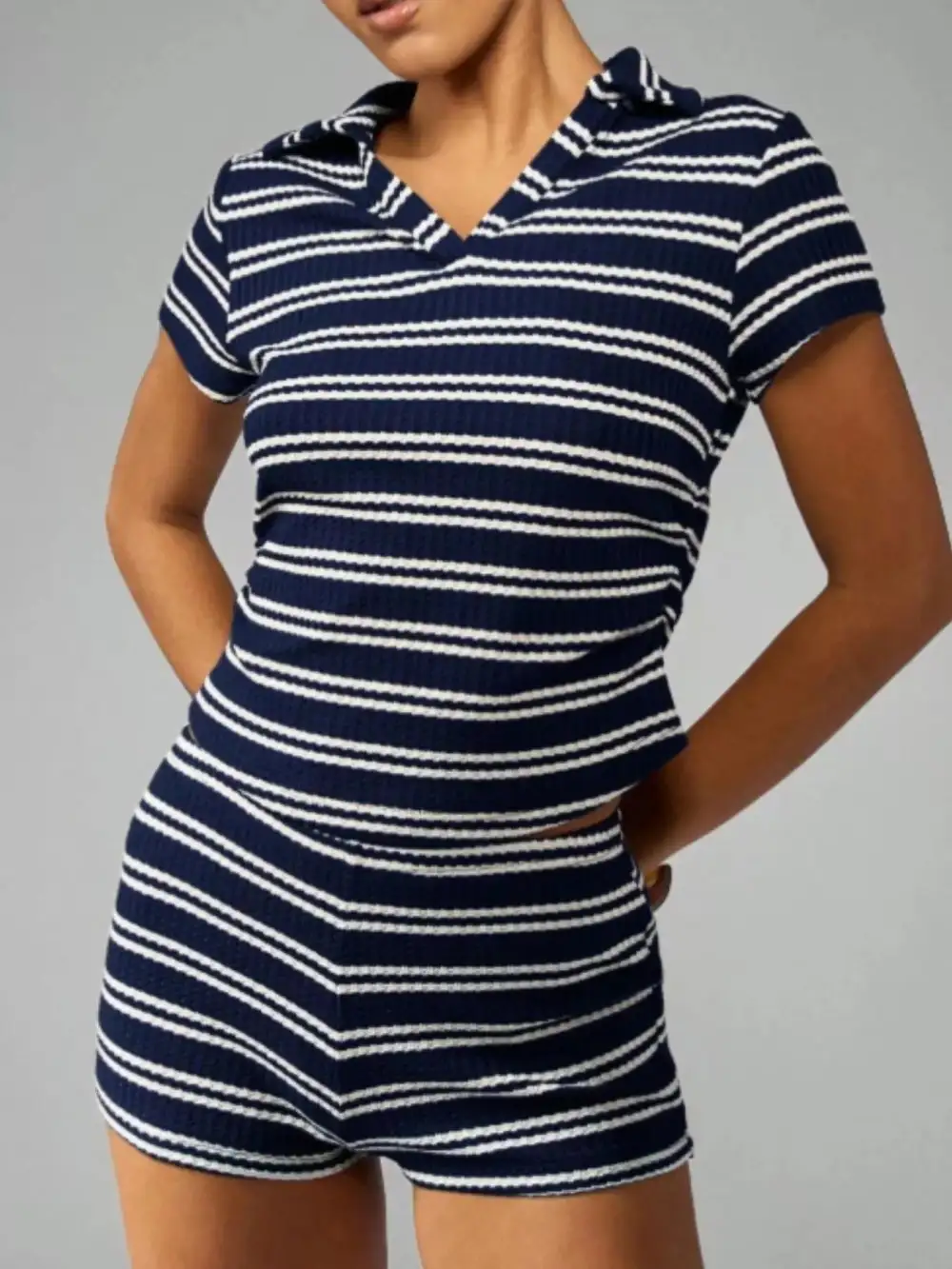 Striped Knit Short Sleeve Top Shorts Set