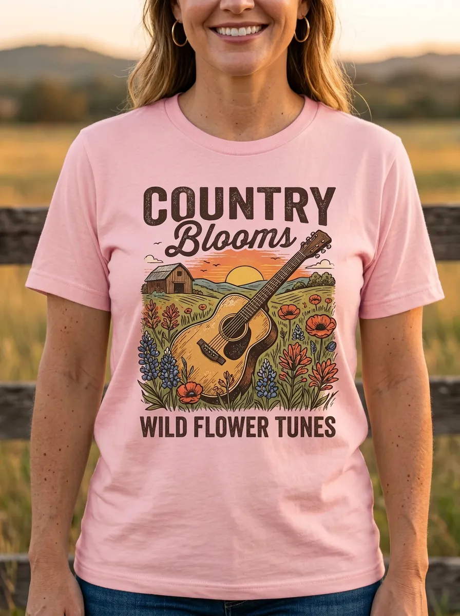 Rustic Guitar Wildflower Women's Country Music Casual T-Shirt