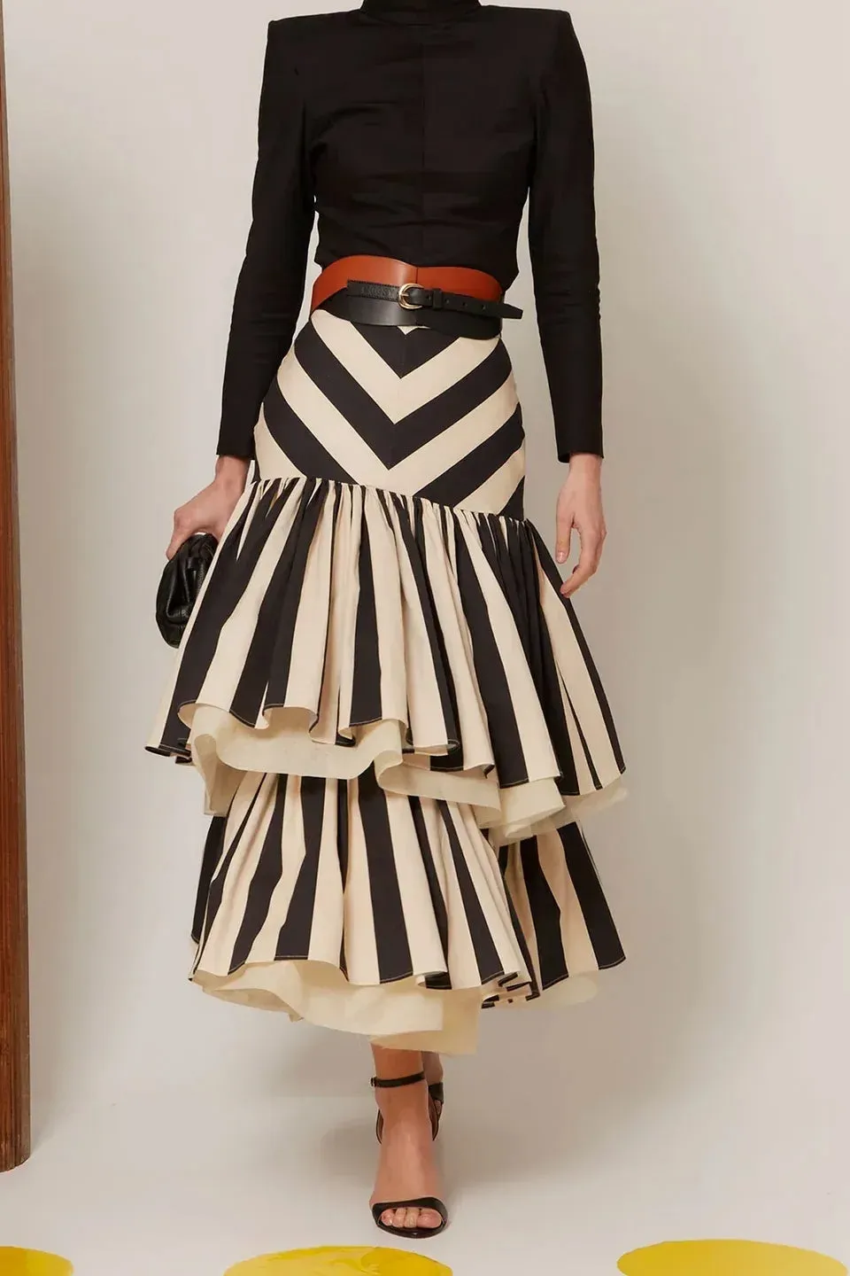 Striped Tiered Midi Skirt