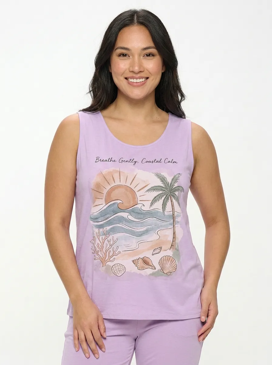Women's Coastal Beach Sunset Palm Printed Tank Top