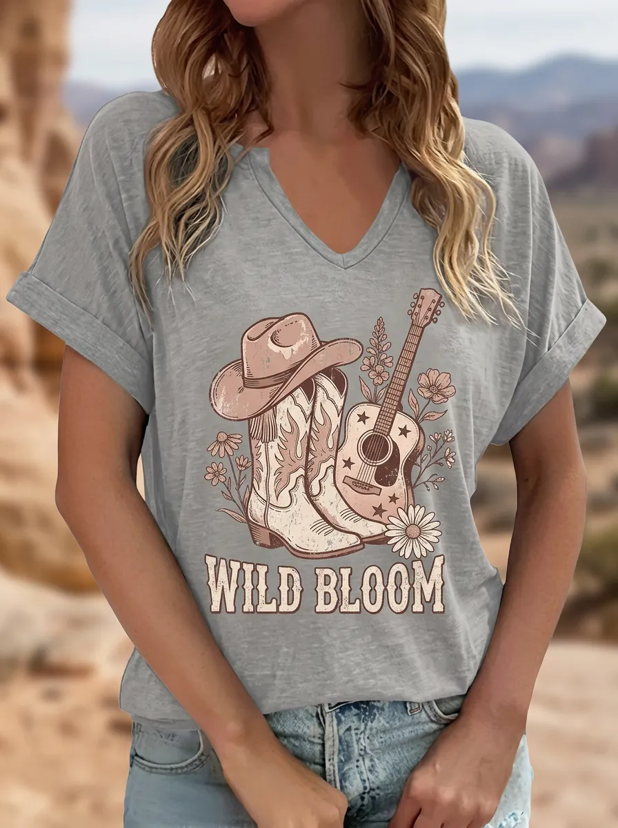 Women's Western Country Music Wild Bloom Cowboy Boot Guitar Printed V-Neck T-Shirt