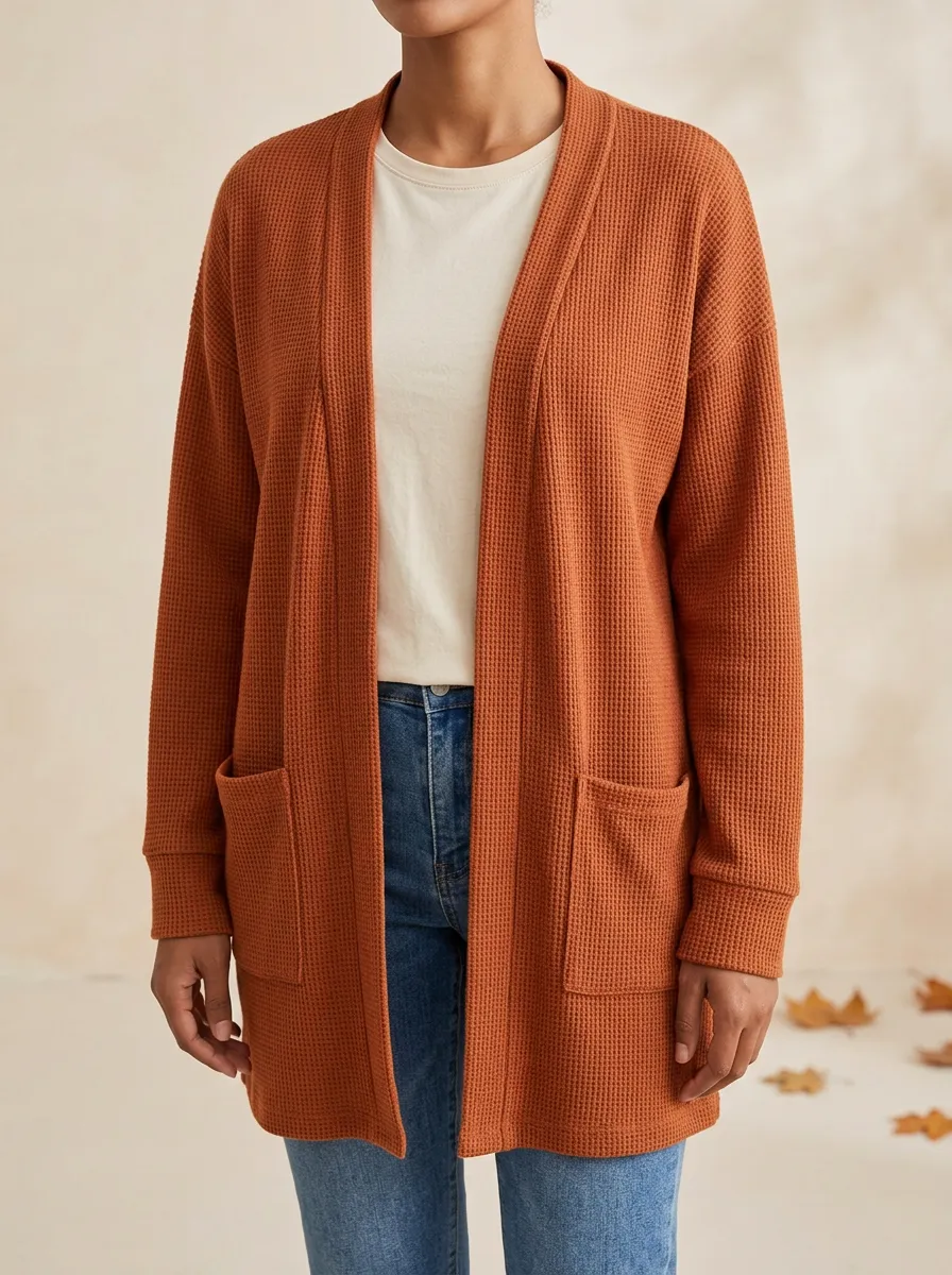 Minimal Waffle-Knit Knit Cardigan