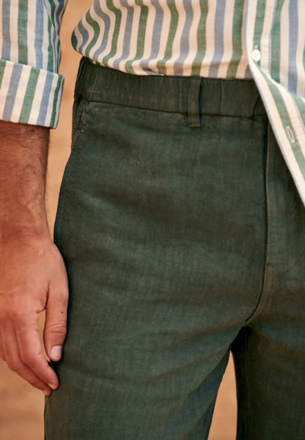 Dark Green Lightweight Linen Blend Straight Trousers