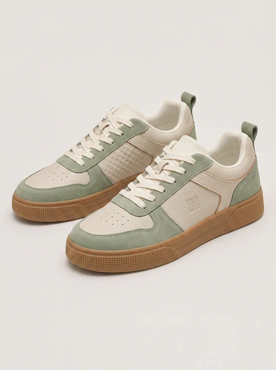 Men's Sage Green Suede Leather Contrast Printed Sneakers