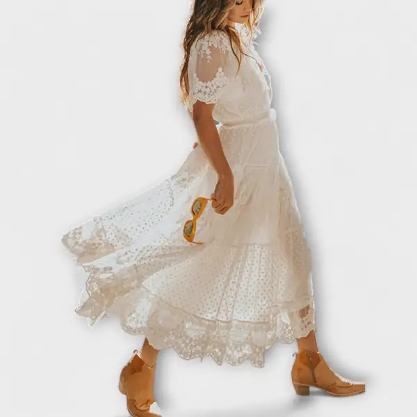 V-Neck Lace Short Sleeve Midi Dress