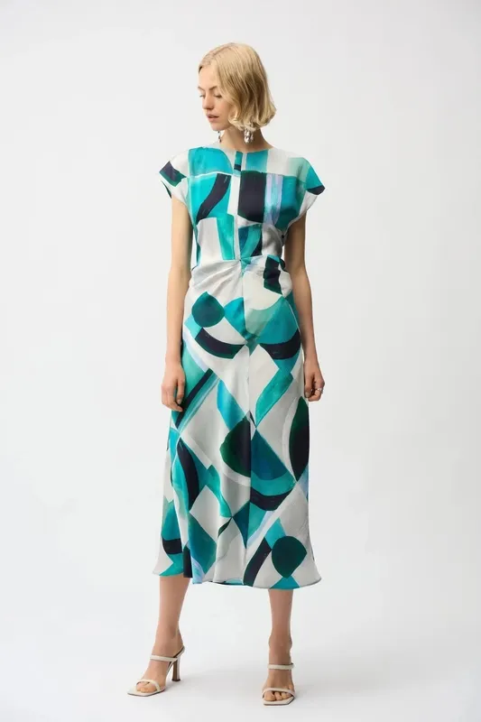 Satin Geometric Button-Front Midi Dress