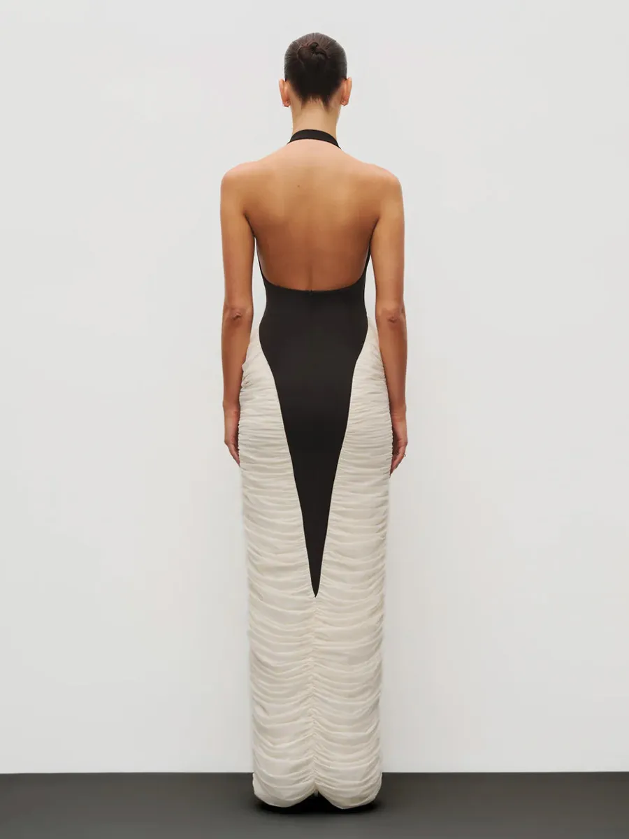 Mia Deep V-Neck Contrast Panel Evening Dress