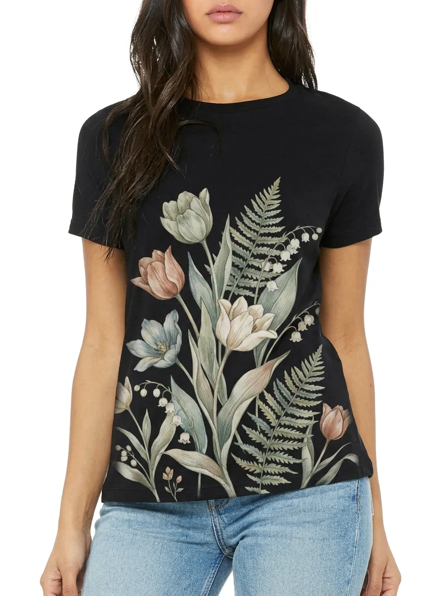 Women's Botanical Nature Lover Tulip Fern Lily Printed T-shirt