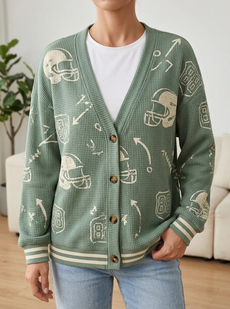 Women's Tailgate Football Fan Helmet Playbook Printed Waffle Cardigan