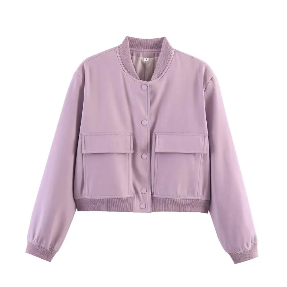 Cropped Snap Front Patch Pocket Ribbed Trim Bomber Jacket