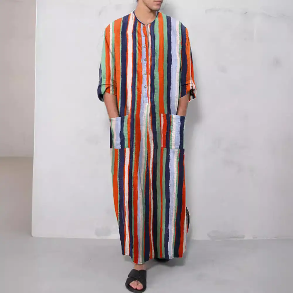 Men's Casual Kaftan Linen Blend With Button Placket And Patch Pockets