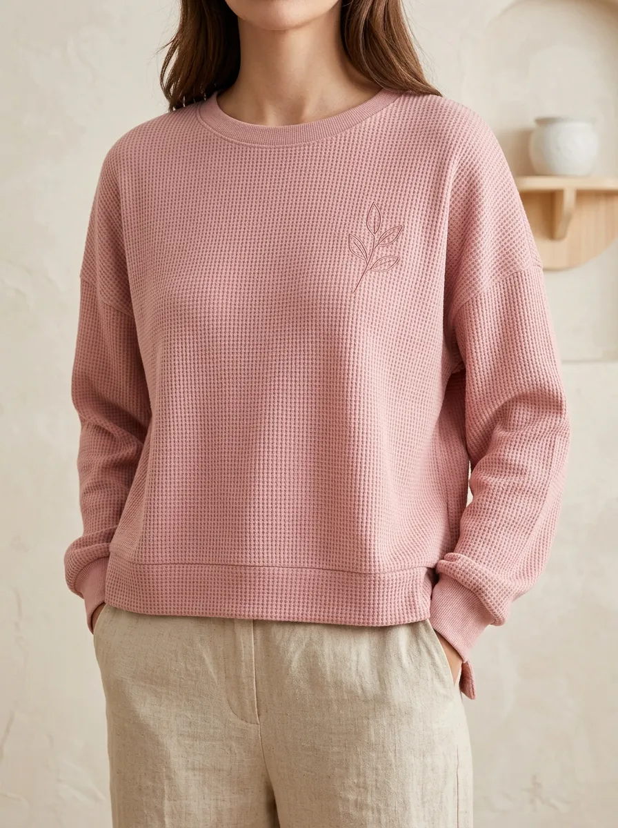 Women's Minimalist Botanical Leaf Printed Waffle Knit Sweatshirt