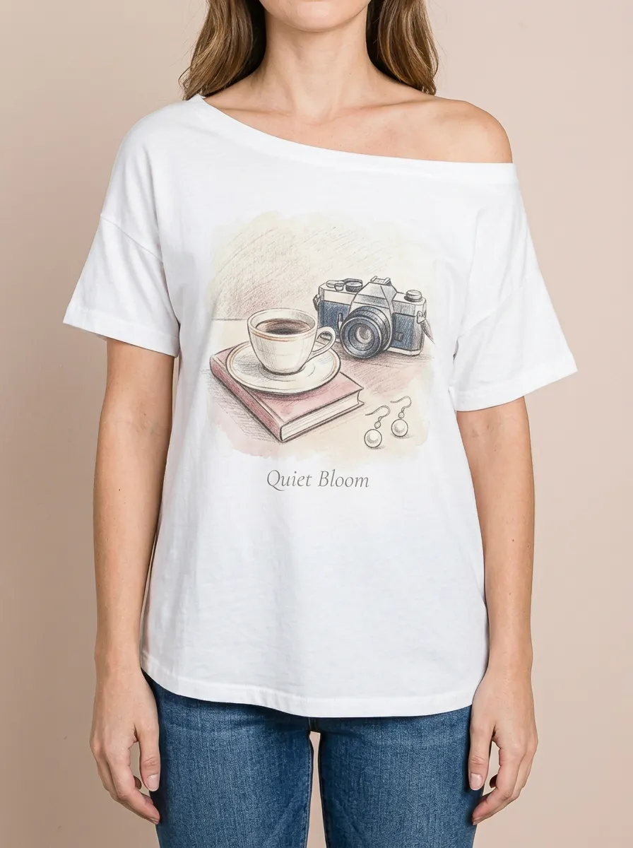 Women's Photography Coffee Book Lover Quiet Bloom Printed T-shirt