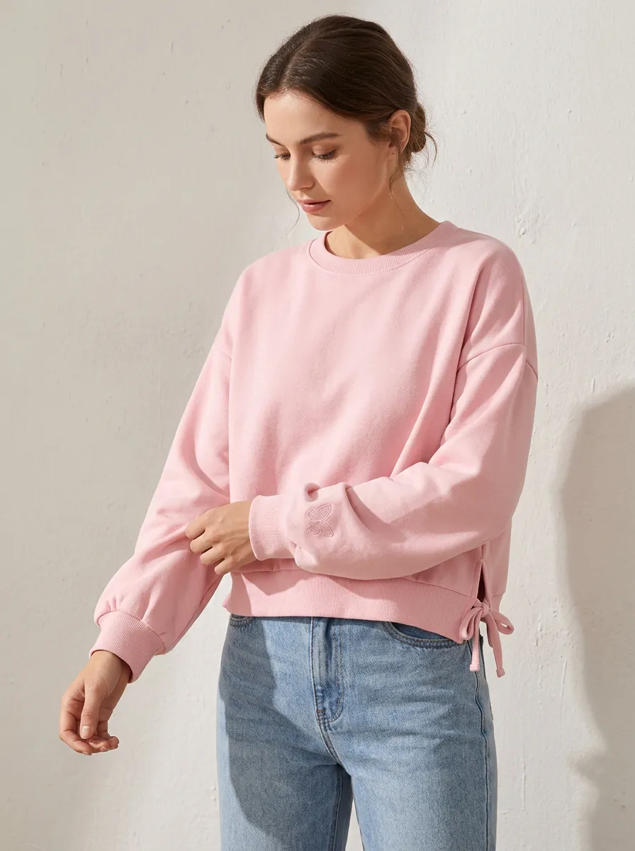 Women's Pink Butterfly Embroidered Side-Tie Sweatshirt