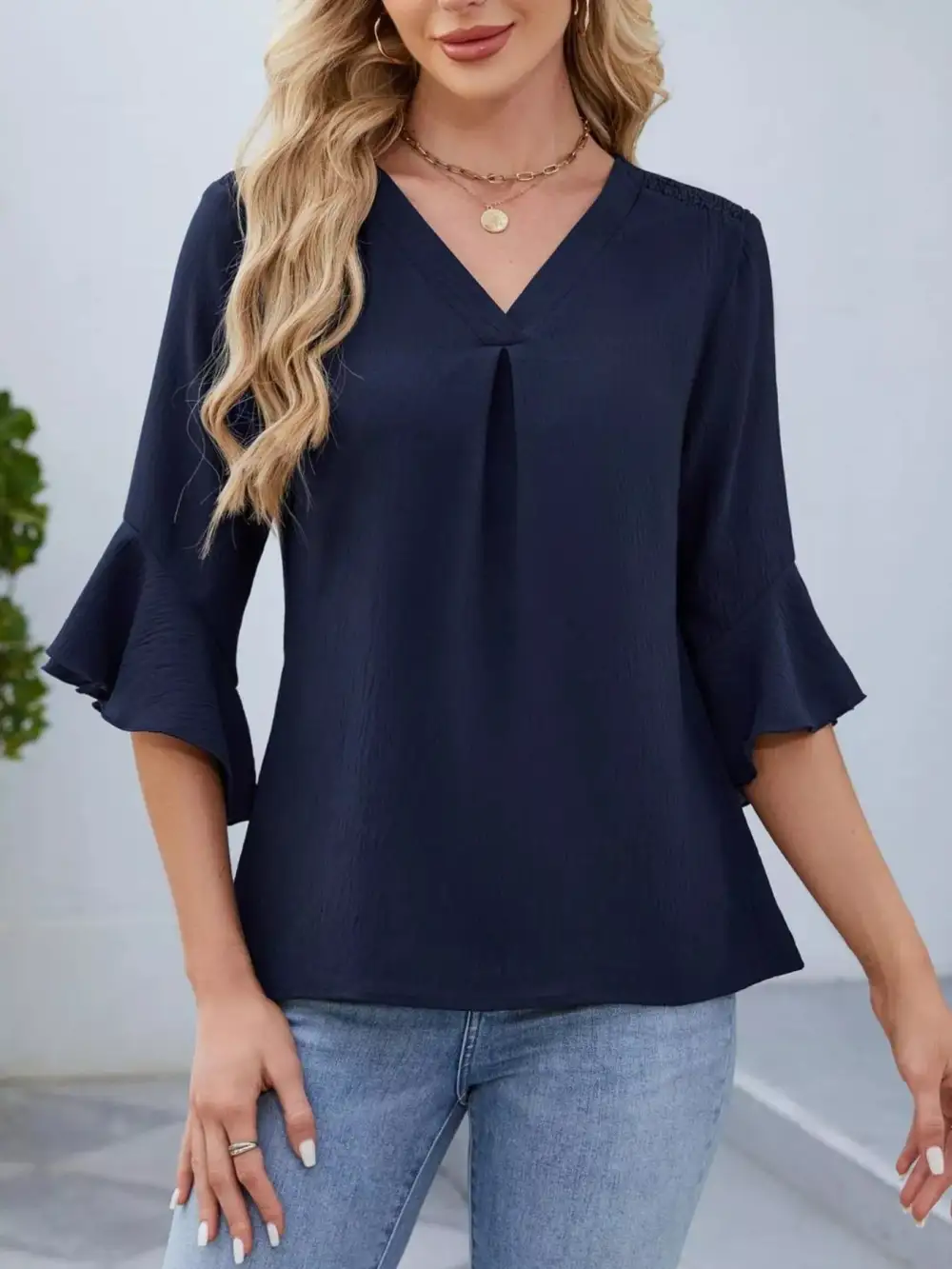 V Neck Ruffle Sleeve Blouse