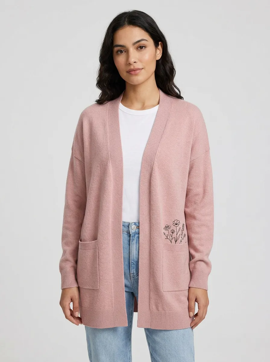 Pink Refined Floral Minimalist Line Art Print Cardigan