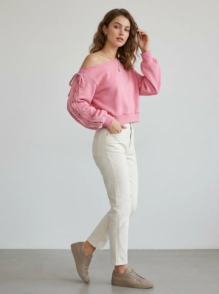 Women's Pink Lace-up Sleeve Off-shoulder Sweatshirt