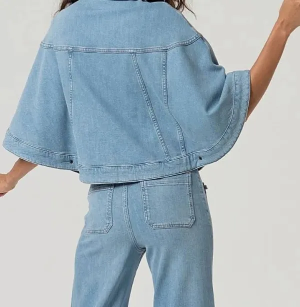 Cotton Denim Collared Button-Front Cape