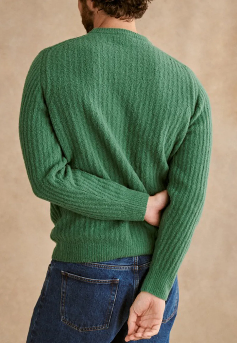 Green Textured Knit Crew Neck Sweater