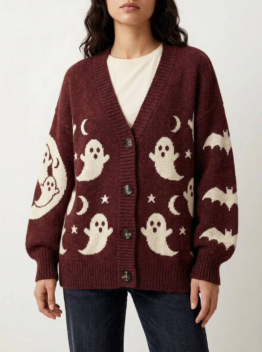 Women's Halloween Ghost Bat Moon Pattern Knitted Cardigan