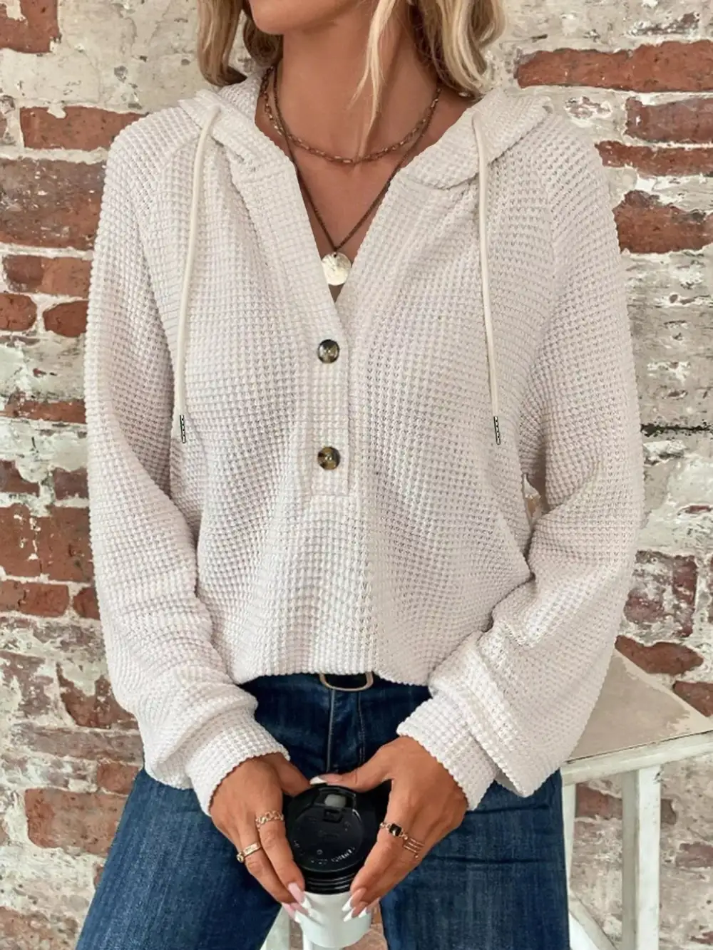 Drawstring Buttoned Pocketed Waffle-Textured Hoodie