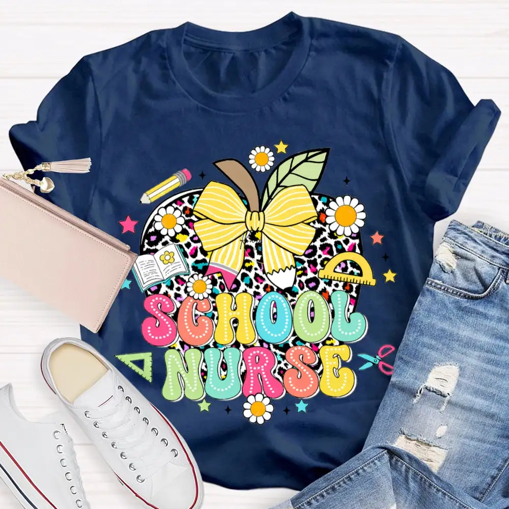School Nurse Polka Dot Apple And Bow T-Shirt