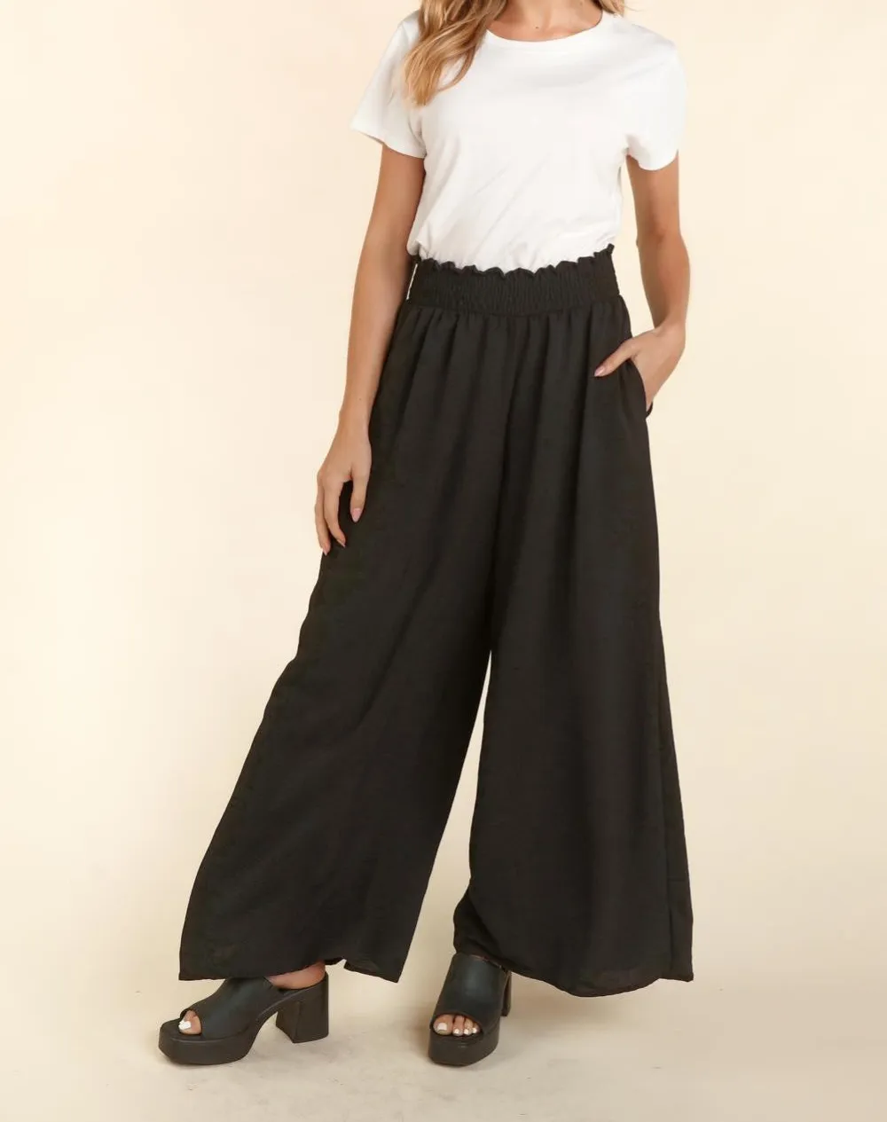 Haptics Elastic Waist Wide Leg Pants With Pocket