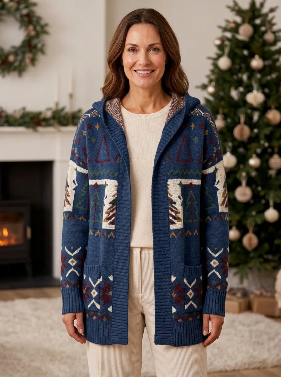 Christmas Holiday Fair Isle Tree Pattern Print Hooded Cardigan