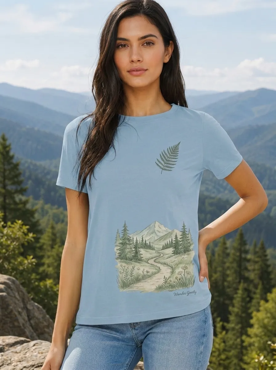Women's Nature Lover Mountain Forest Path Fern Printed T-shirt