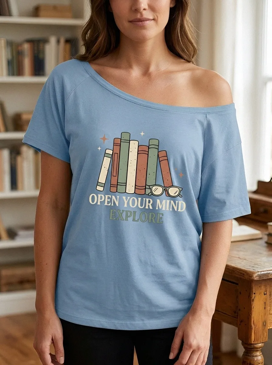 Women's Book Lover Open Your Mind Books Printed Off-Shoulder Top