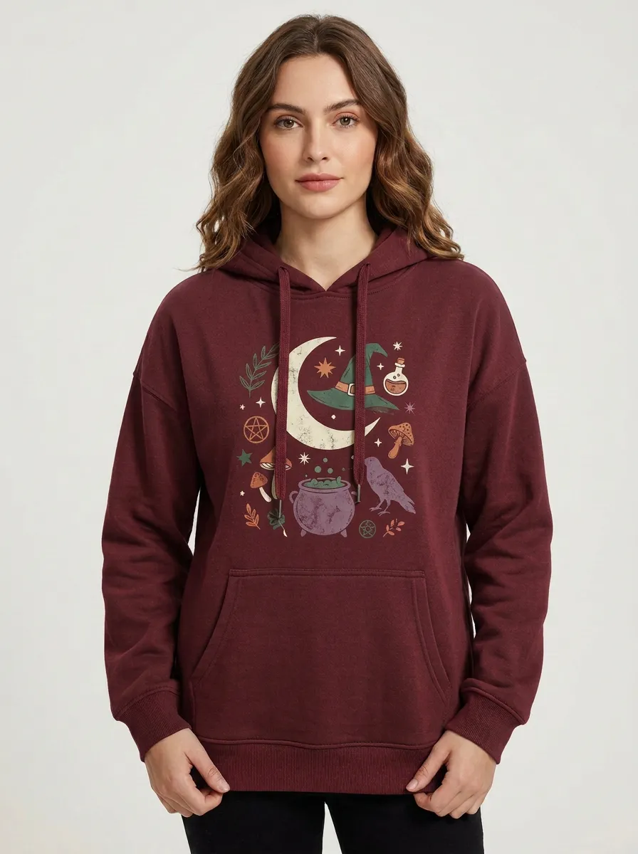 Women's Halloween Witchy Moon Cauldron Mushroom Printed Hoodie