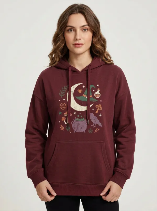 Women's Halloween Witchy Moon Cauldron Mushroom Printed Hoodie